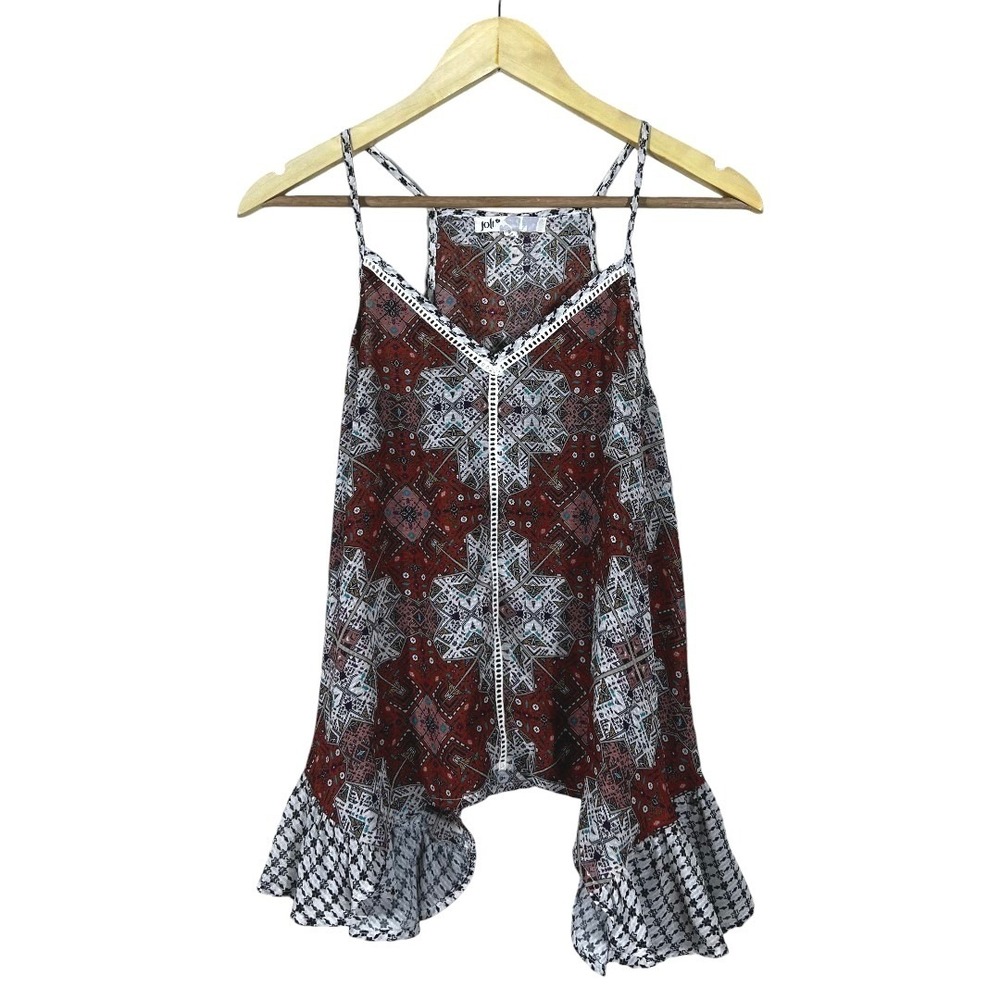 Jolt Geometric Tribal Print Camisole Ruffle Hem V-Neck Boho Tank Top Red Size S